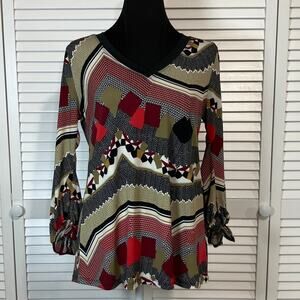 Time Line Retro Abstract Geometric Patchwork Tunic Blouse Women M